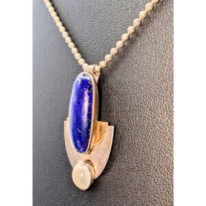VTG Sterling Two Toned Lapis Lazuli & Moonstone Bead Ball Chain Necklace